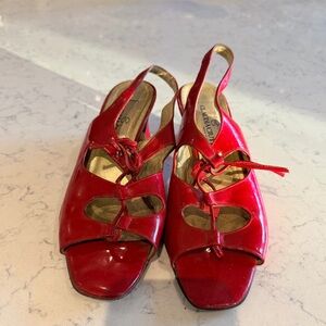 Vintage Claudia Ciuti Red Leather Open-Toe Heels. Size 8.